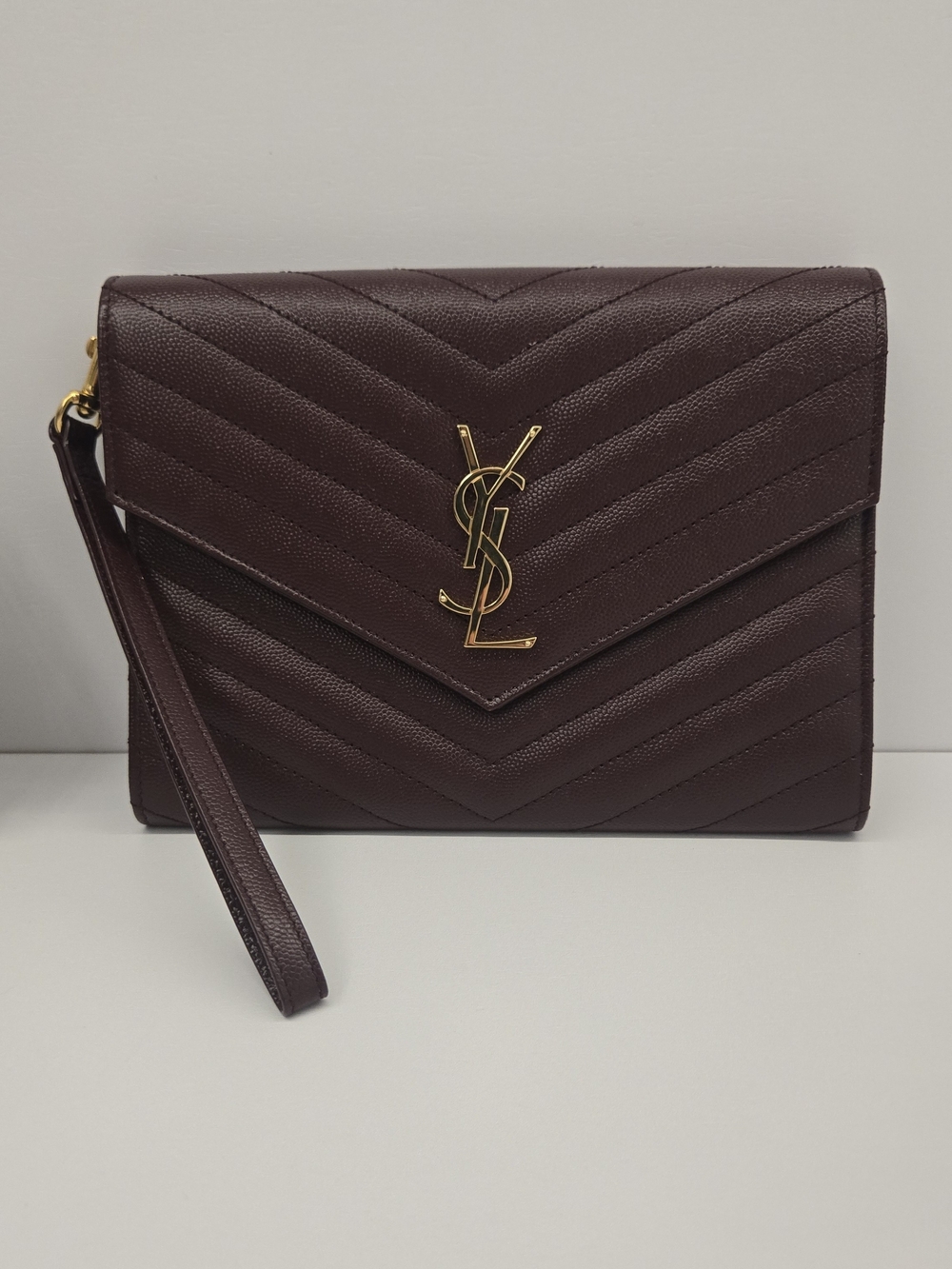 Saint Laurent YSL Burgundy Monogram Quilted Envelope Wristlet Clutch